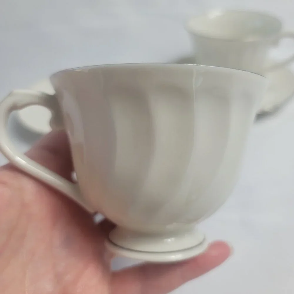 TWO Syracuse China Wedding Ring Cup & Saucer Sets White with Platinum Trim